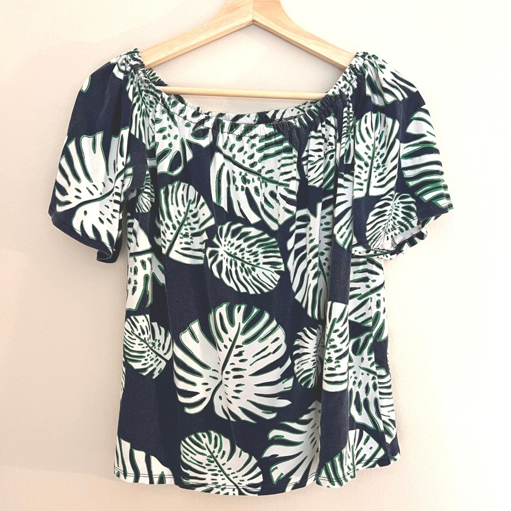 Haley and the Hound Womens Small Tropical Monstera Leaf Off Shoulder Top Navy